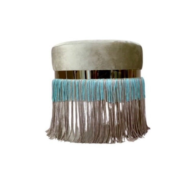 Poef Coco velvet + fringes zandkleur + blauw